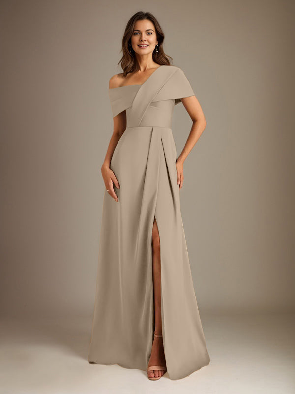 A-Line Satin Mother of the Bride Dress with Asymmetrical Neckline, Floor-Length, and Pleated Design