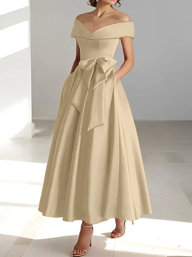 A-Line Off-the-Shoulder Sleeveless Ankle-Length Mother of the Bride Dress with Pockets