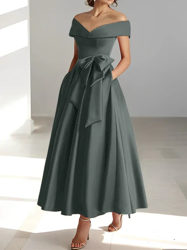 A-Line Off-the-Shoulder Sleeveless Ankle-Length Mother of the Bride Dress with Pockets