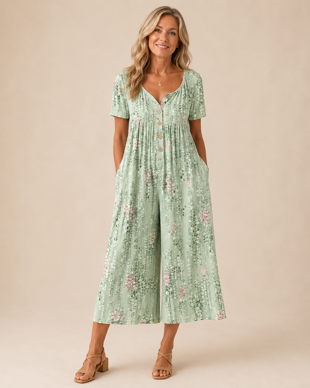 Hazel™ | Leaf Print V-Neck Jumpsuit with Short Sleeves and Wide Legs