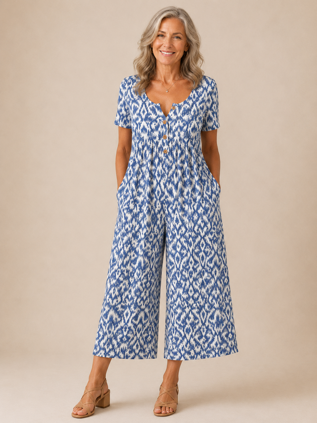 Hazel™ | Leaf Print V-Neck Jumpsuit with Short Sleeves and Wide Legs