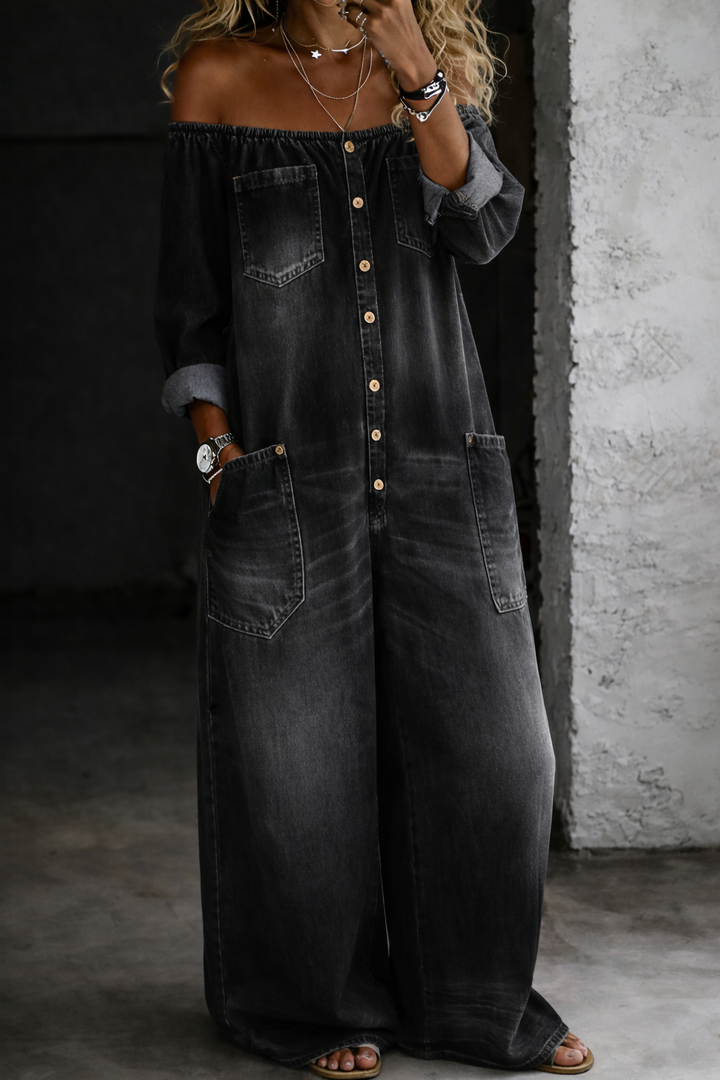 Elena | Off-Shoulder Long Sleeve Denim Overall