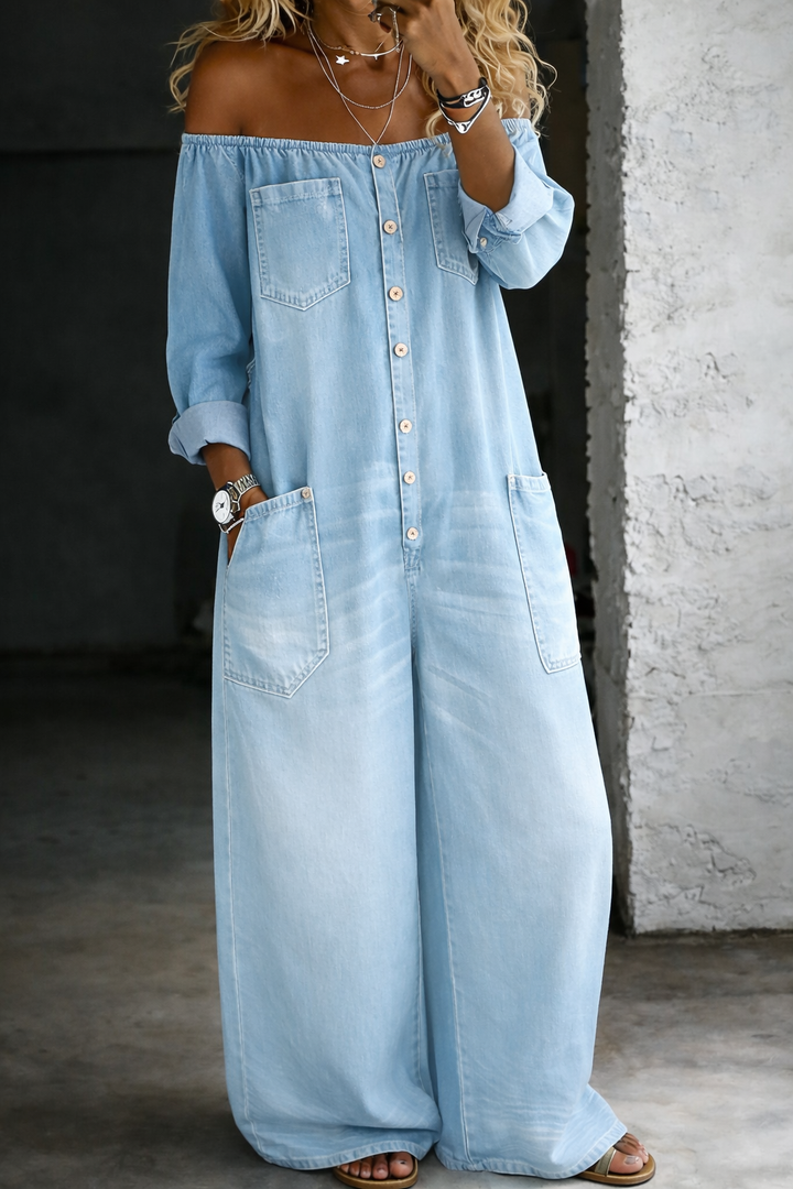 Elena | Off-Shoulder Long Sleeve Denim Overall
