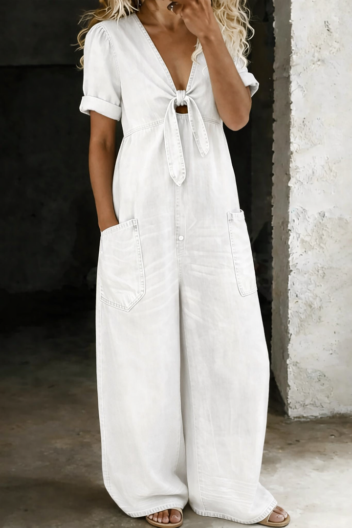 Maya | Short V-Neck Short Sleeve Denim Overall