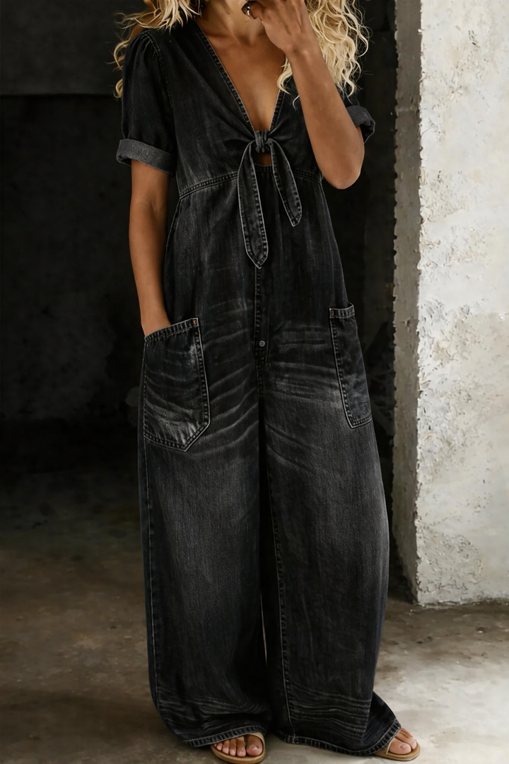 Maya | Short V-Neck Short Sleeve Denim Overall