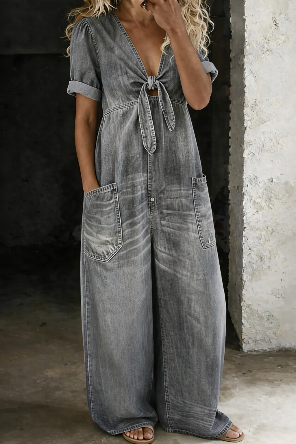 Maya | Short V-Neck Short Sleeve Denim Overall