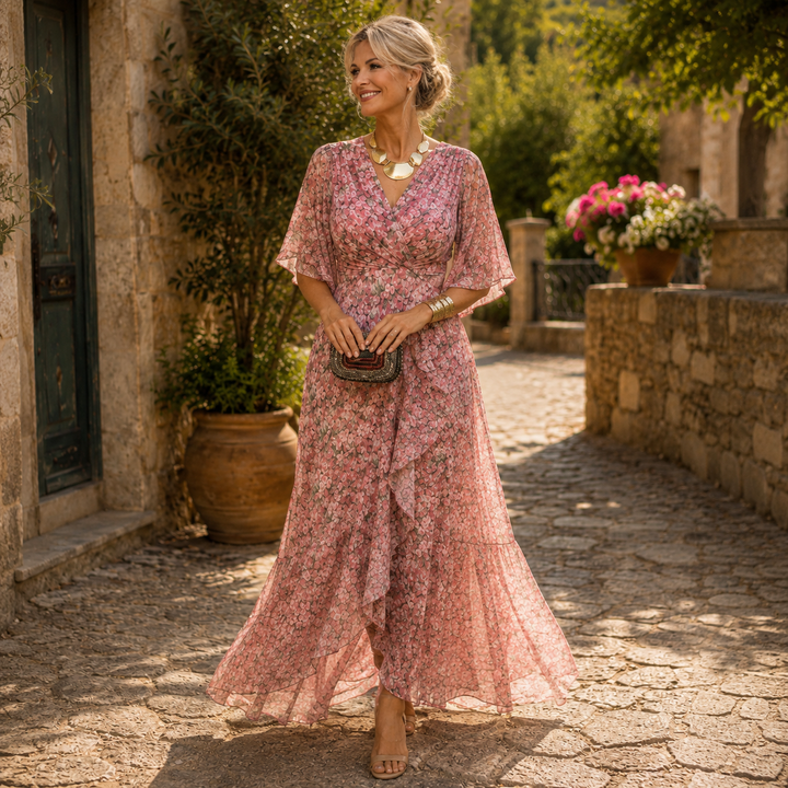 Camille | Floral Wrap Maxi Dress with Flutter Sleeves