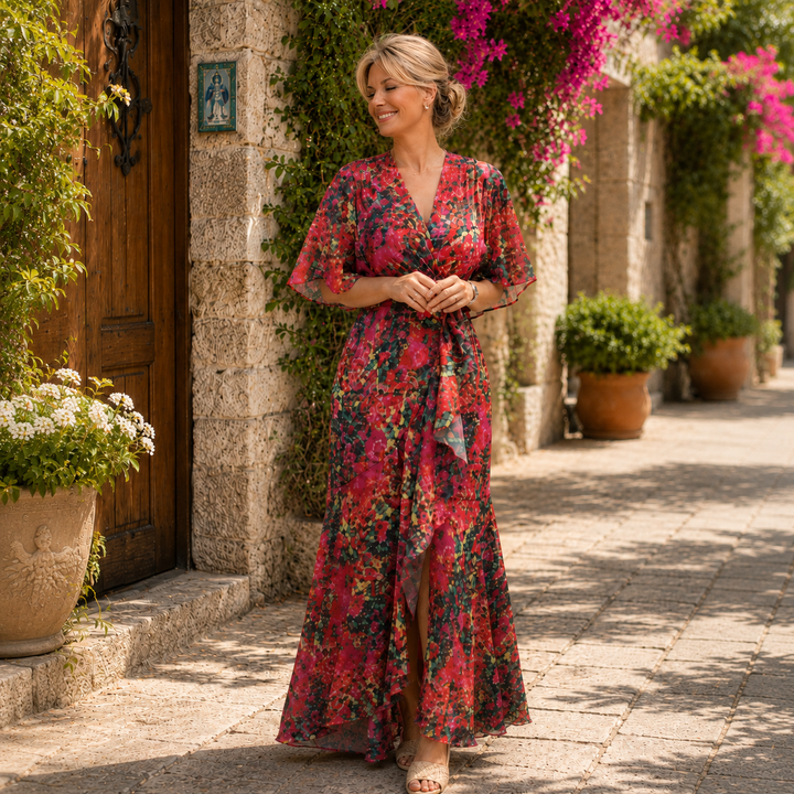 Camille | Floral Wrap Maxi Dress with Flutter Sleeves