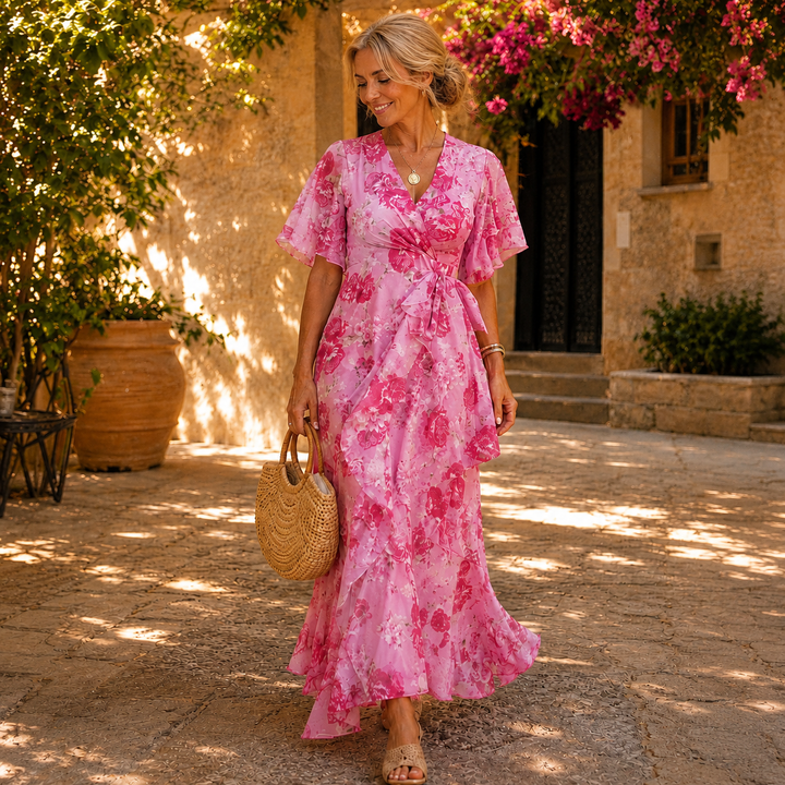 Camille | Floral Wrap Maxi Dress with Flutter Sleeves