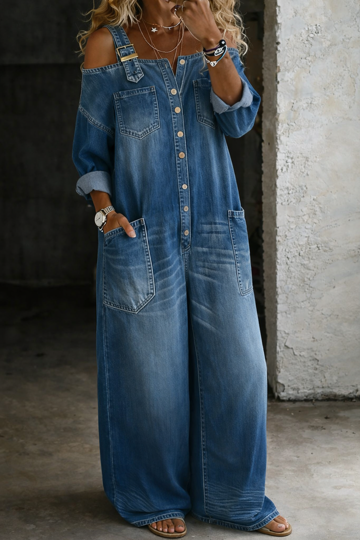 Zosia | Off-Shoulder Patterned Denim Overall