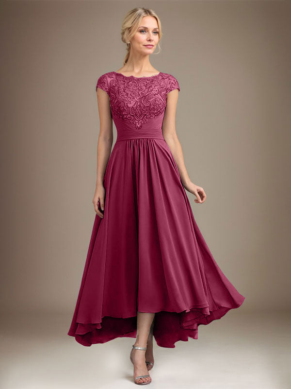 A-Line Scoop Neck Illusion Asymmetrical Lace Chiffon Mother of the Bride Dress with Pleats
