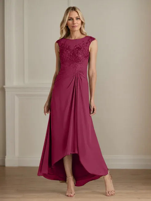 Champagne A-Line Lace and Chiffon Scoop Neck Dress