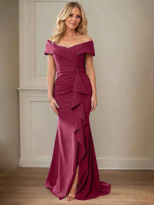 Floor-Length Lace and Chiffon Mother of the Bride Dress with Sheath/Column V-Neck Illusion and Pleated Sequins