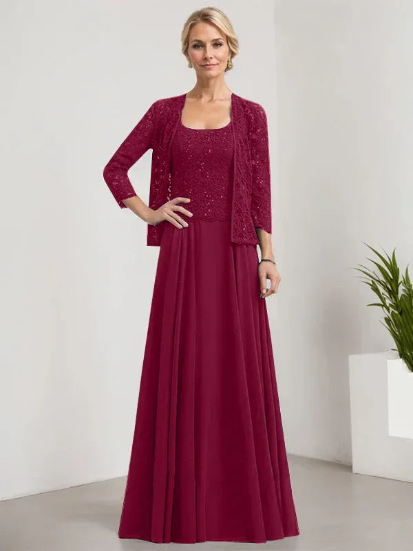 A-Line Square Neck Floor-Length Lace and Chiffon Mother of the Bride Dress with Sequins