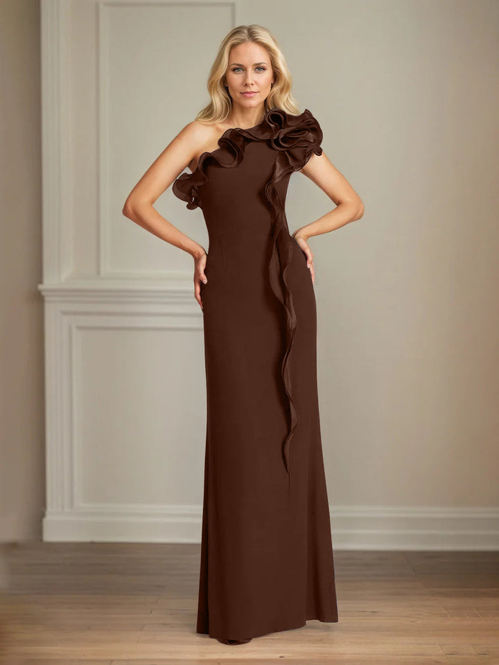 Navy Stretch Crepe One-Shoulder Sheath Dress with Ruffles – Floor-Length Mother of the Bride Gown