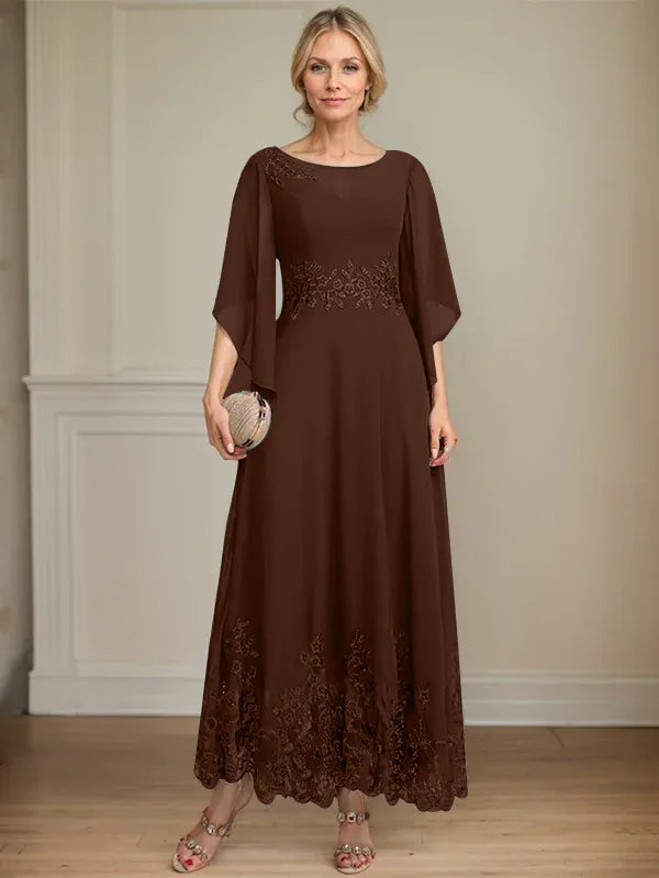 A-Line Scoop Neck Illusion Lace Chiffon Mother of the Bride Dress with Sequins and Ankle-Length Hem