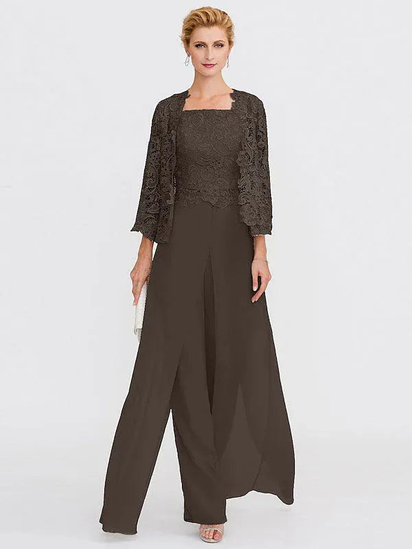 3-Piece Chiffon Square Neck Mother of the Bride Pantsuit Set with Jacket