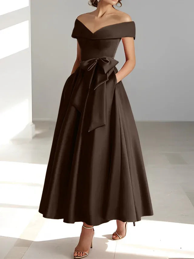 A-Line Off-the-Shoulder Sleeveless Ankle-Length Mother of the Bride Dress with Pockets