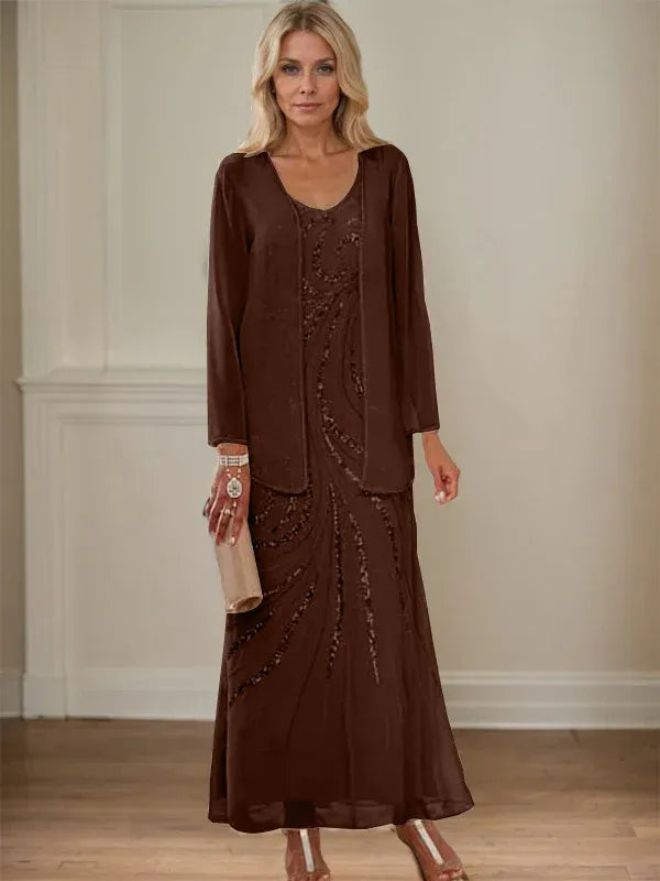 V-Neck Sheath/Mother of the Bride Ankle-Length Dress with Jacket & Sequins