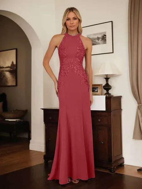 Dusty Blue Sheath Halter Mother of the Bride Dress with Appliqué Details