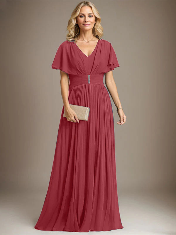 A-Line V-Neck Floor-Length Chiffon Mother of the Bride Dress with Crystal Brooch and Pleated Design