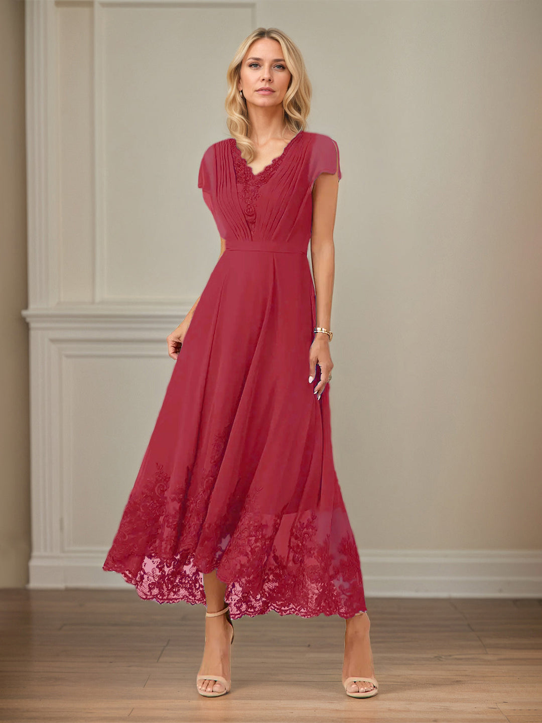 A-Line V-Neck Flutter Sleeve Chiffon Dress with Appliques and Ankle Length
