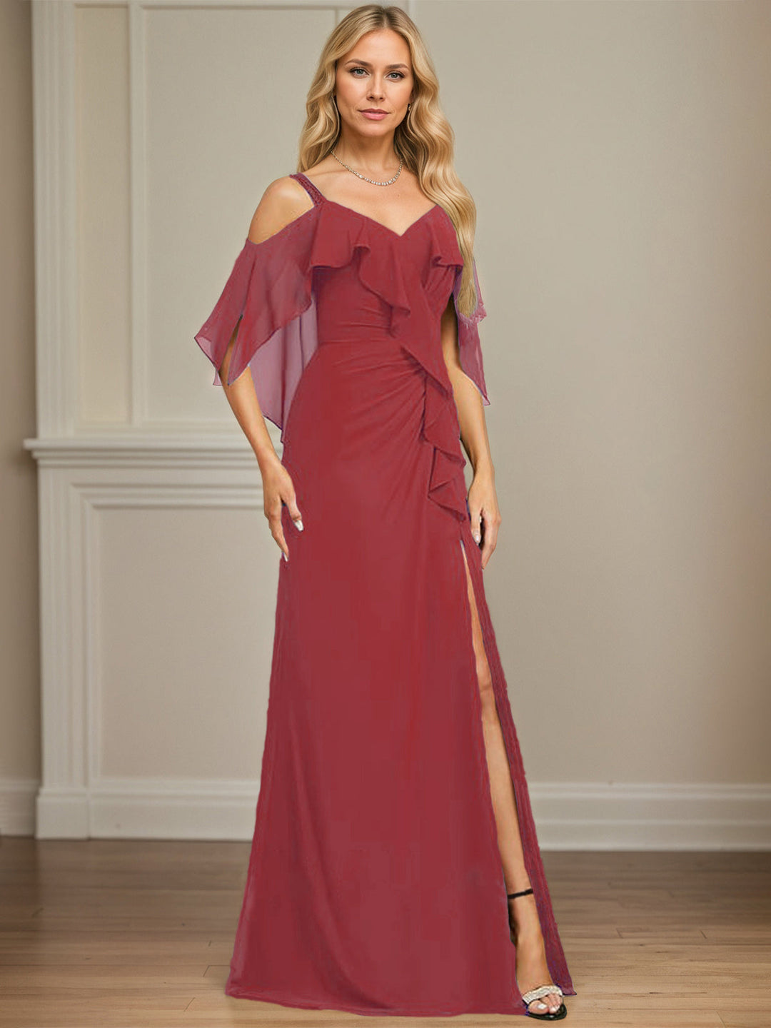 Sheath/Column Cold Shoulder V-Neck Floor-Length Chiffon Dress with Cascading Ruffles, Sequins, and Beading