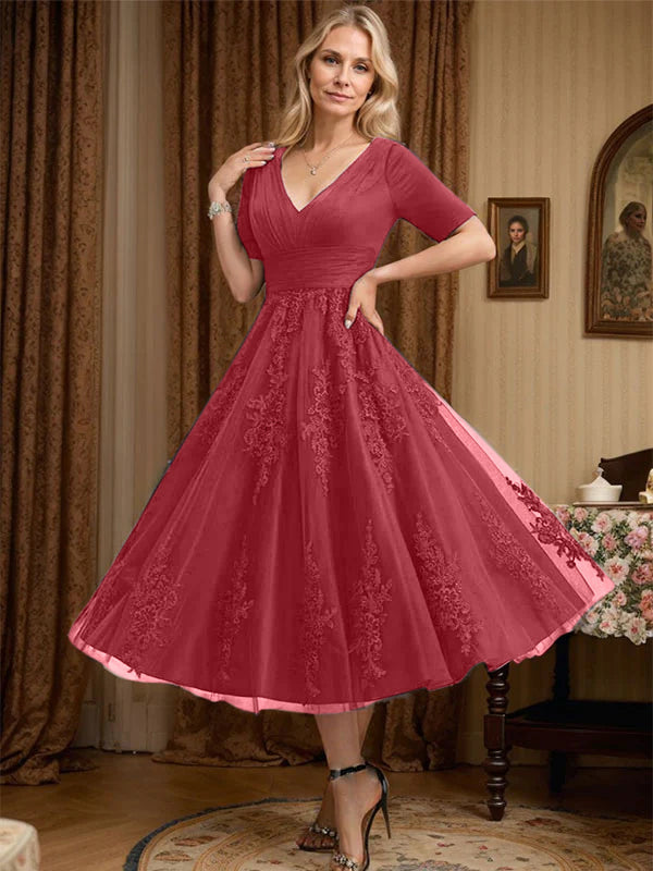 A-Line V-Neck Tea-Length Tulle Lace Mother of the Bride Dress with Pleats