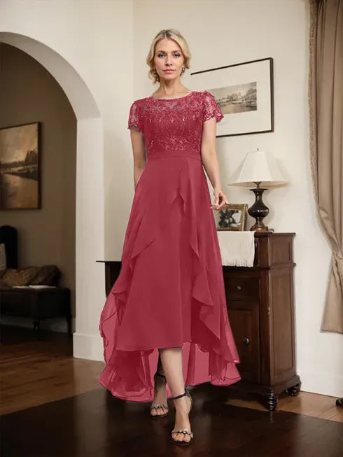 A-Line Scoop Neck Illusion Asymmetrical Chiffon Lace Mother of the Bride Dress with Bow, Ruffle, and Sequins