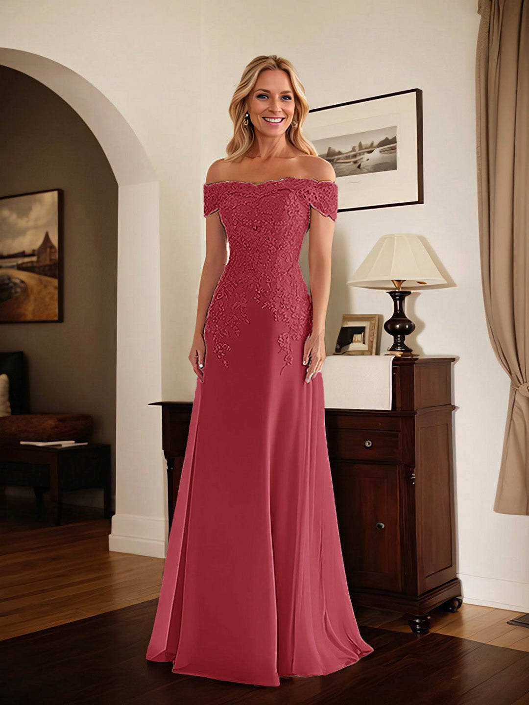 Elegant Taupe Off-the-Shoulder Lace Sheath Dress for Mother of the Bride