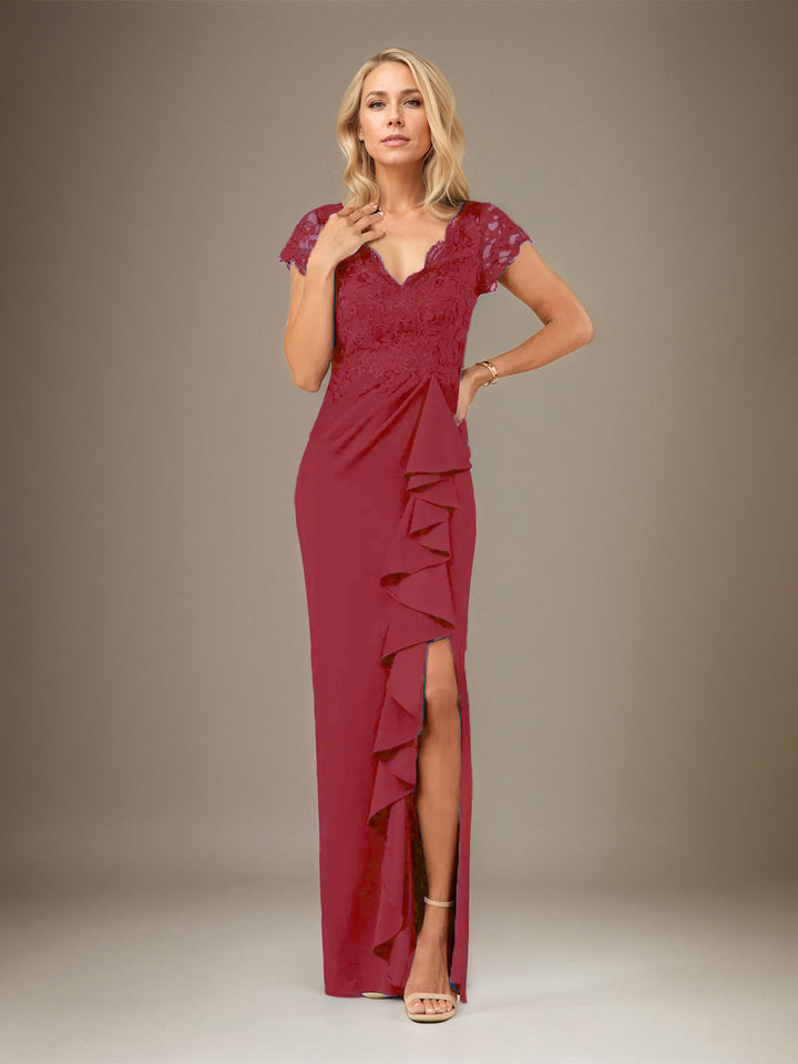 V-Neck Short Sleeve Floor-Length Chiffon Dress with Sheath/Column Silhouette and Cascading Ruffles