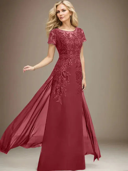 Floor-Length Lace Chiffon Mother of the Bride Dress with Sheath/Column Scoop Illusion and Sequins