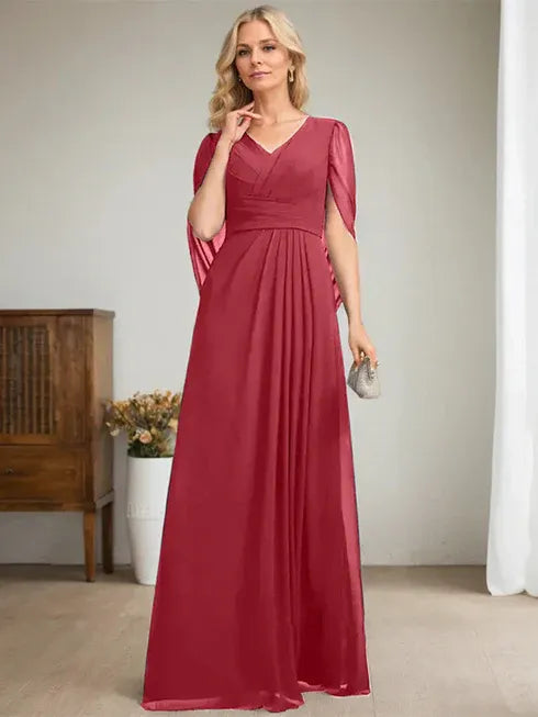 Dark Navy A-Line V-Neck Long Mother of the Bride Dress