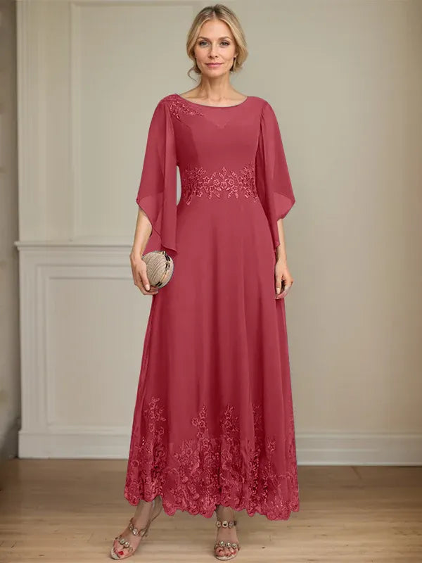 A-Line Scoop Neck Illusion Lace Chiffon Mother of the Bride Dress with Sequins and Ankle-Length Hem
