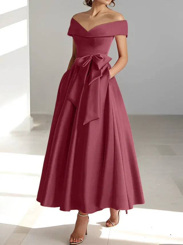 A-Line Off-the-Shoulder Sleeveless Ankle-Length Mother of the Bride Dress with Pockets