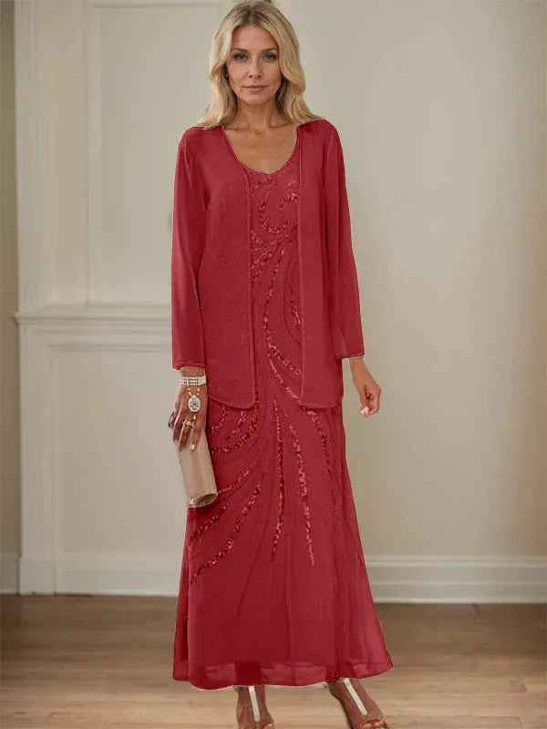 V-Neck Sheath/Mother of the Bride Ankle-Length Dress with Jacket & Sequins