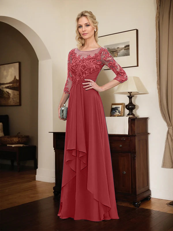 A-Line Scoop Neck Illusion Floor-Length Lace Chiffon Mother of the Bride Dress with Cascading Ruffles
