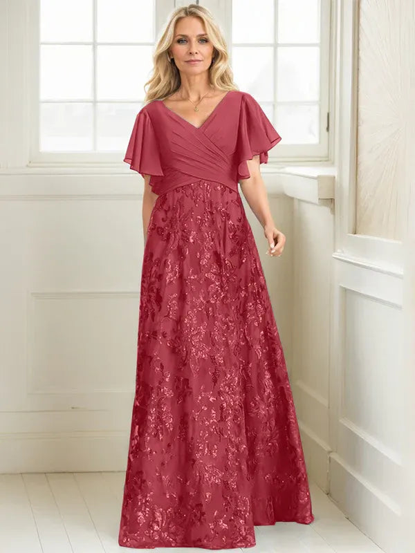 A-Line V-Neck Floor-Length Lace and Sequin Chiffon Mother of the Bride Dress with Pleats