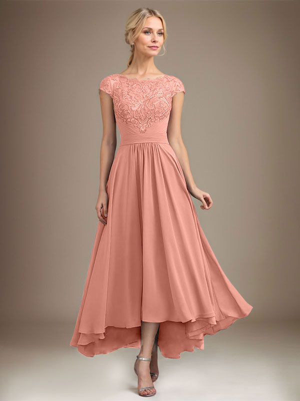 A-Line Scoop Neck Illusion Asymmetrical Lace Chiffon Mother of the Bride Dress with Pleats