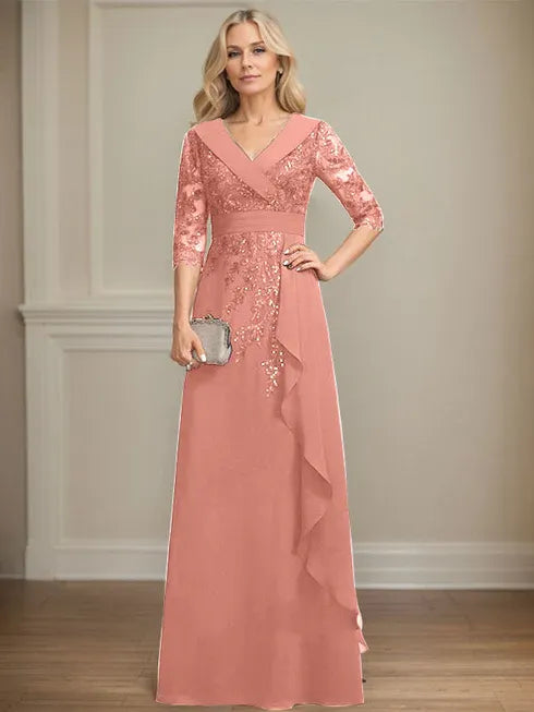 A-Line Collared V-Neck Floor-Length Lace Chiffon Mother of the Bride Dress with Sequins and Cascading Ruffles