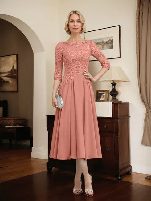 A-Line Scoop Neck Illusion Tea-Length Chiffon and Lace Mother of the Bride Dress with Beading and Sequins