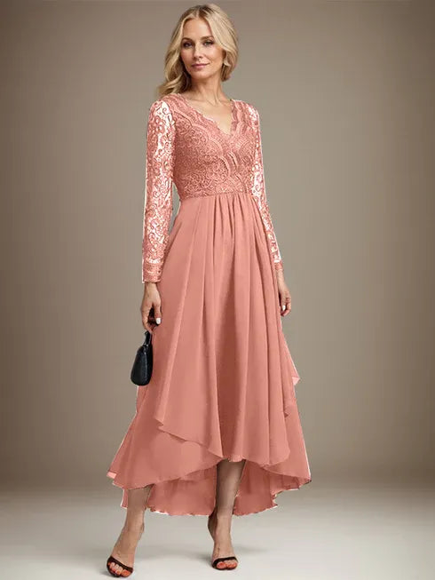 A-Line V-Neck Asymmetrical Lace Chiffon Mother of the Bride Dress