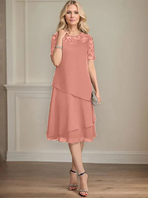 A-Line Scoop Neck Illusion Knee-Length Lace Chiffon Mother of the Bride Dress with Sequins