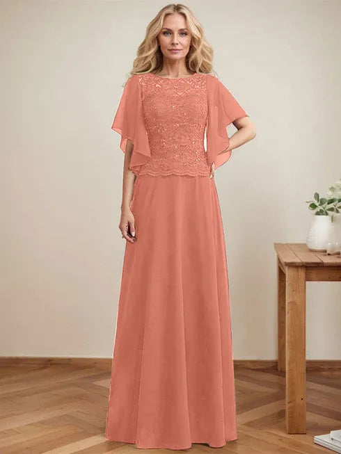 A-Line Scoop Neck Illusion Floor-Length Lace Chiffon Mother of the Bride Dress with Sequins