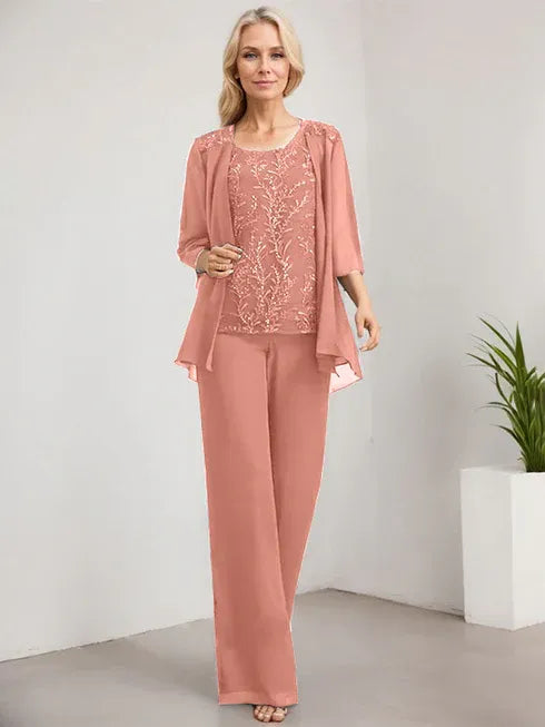 Floor-Length Lace Chiffon Mother of the Bride Jumpsuit/Pantsuit with Scoop Neck and Sequins