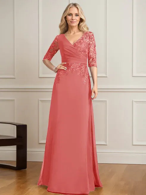 A-Line V-Neck Floor-Length Lace and Chiffon Mother of the Bride Dress with Pleated Sequins