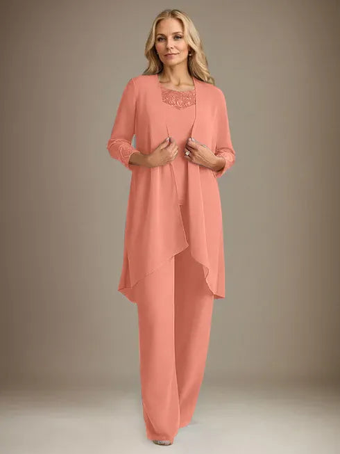 Chiffon Scoop Neck Long Sleeve Mother of the Bride Pantsuit with Jacket