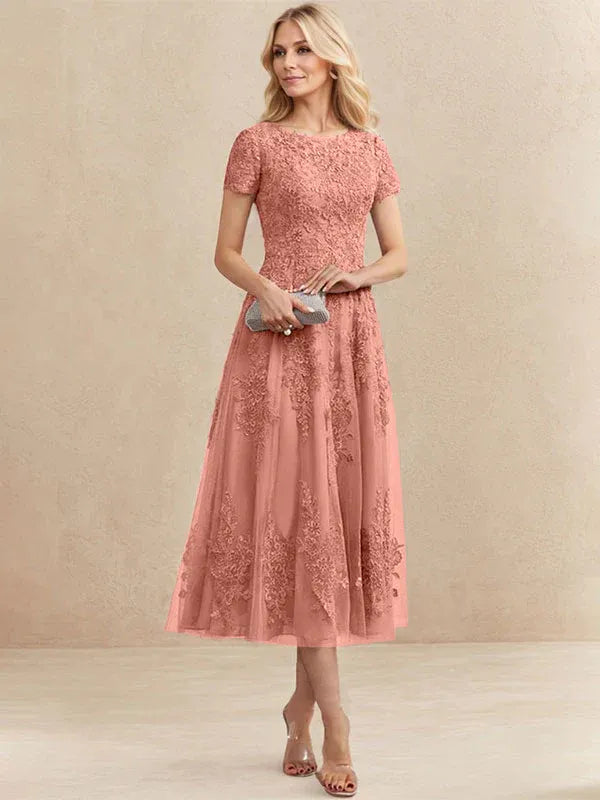 A-Line Scoop Neck Tea-Length Tulle Lace Mother of the Bride Dress