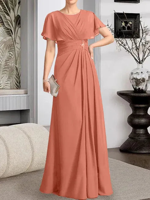 A-Line Scoop Neck Floor-Length Chiffon Mother of the Bride Dress with Pleated Beading