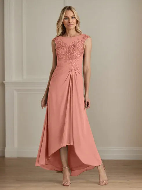 Champagne A-Line Lace and Chiffon Scoop Neck Dress